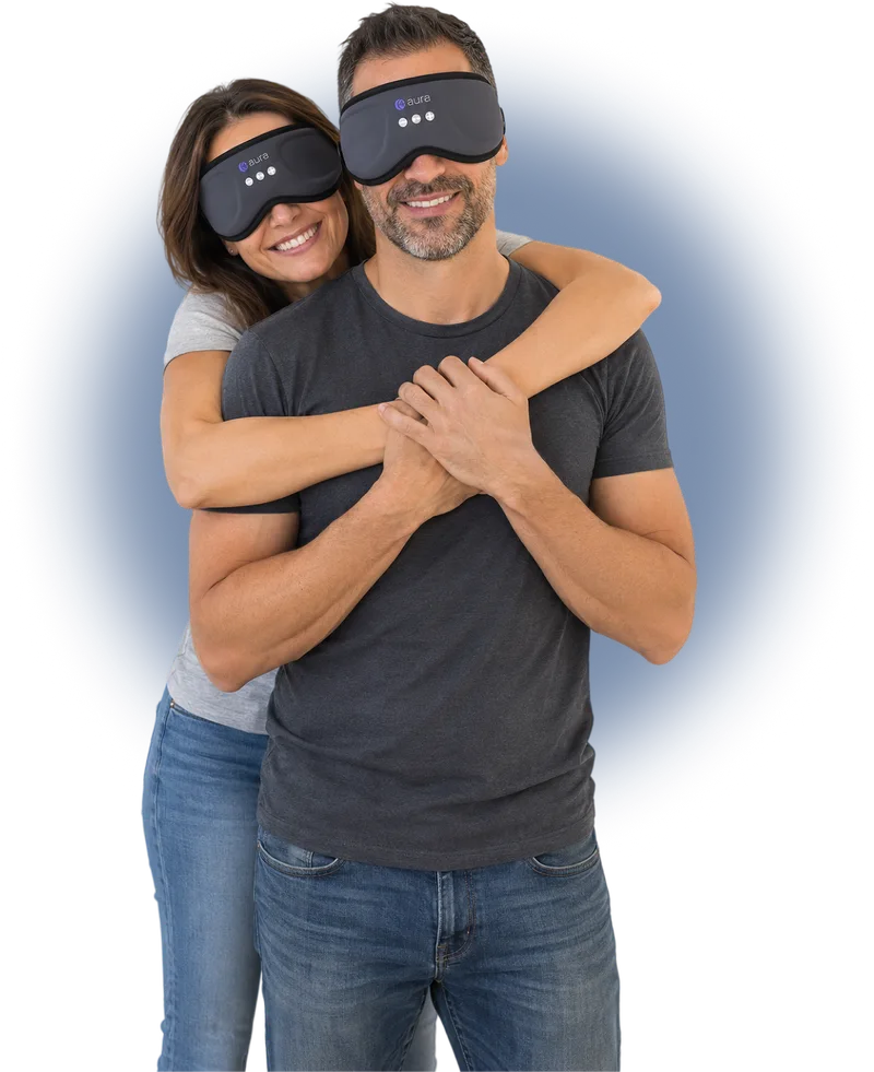 Couple wearing AURA Bluetooth Sleep Masks, each streaming their own private audio without disturbing the other